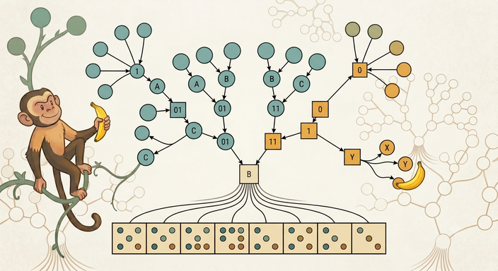 CSS 343 logo: a monkey with a banana beside a tree of nodes growing out of a row of buckets