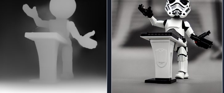 Left: a depth map of a toy robot. Right: a generated image of a stormtrooper lecturing, in the same pose and layout as the depth map.