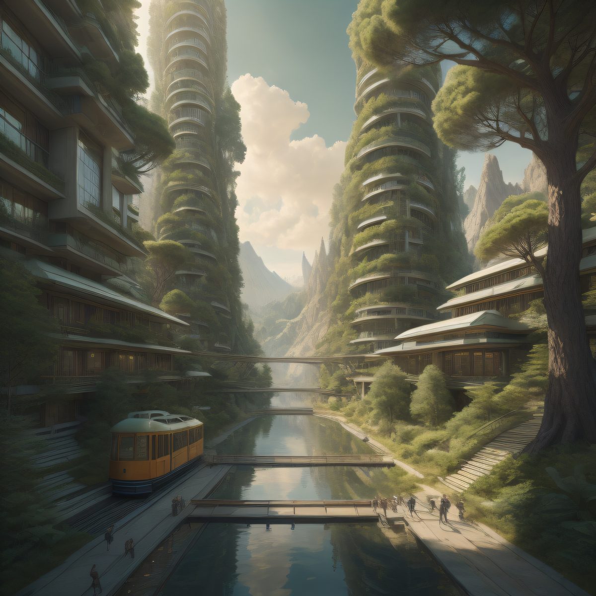 A Stable Diffusion image of a green, sunlit city street with trees, a tram and people waiting.