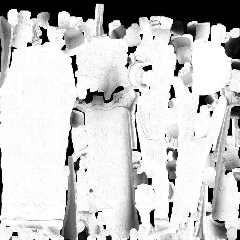 An ambient-occlusion texture baked from a laser scan of a carved stone Buddha, showing relief figures in grey.