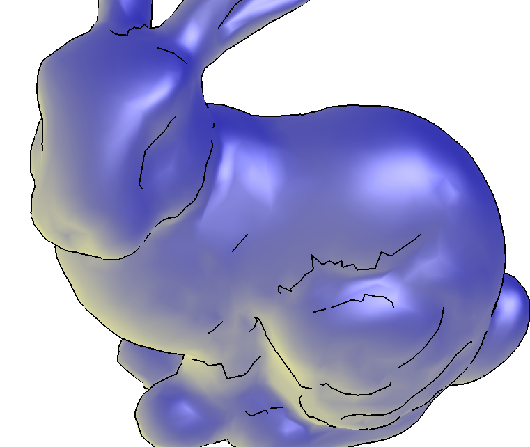 The Stanford bunny shaded with a cool-to-warm ramp, mostly blue with pale yellow toward the lit lower left, and black silhouette and crease lines.