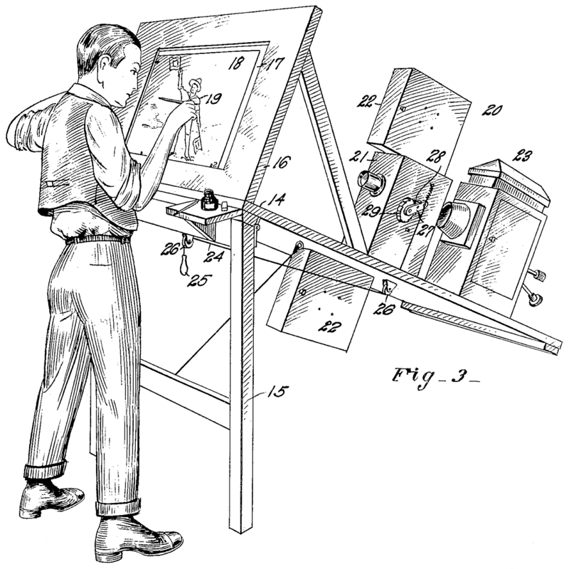 Patent drawing of the rotoscope: an artist at an easel traces a frame projected from behind by a film projector.