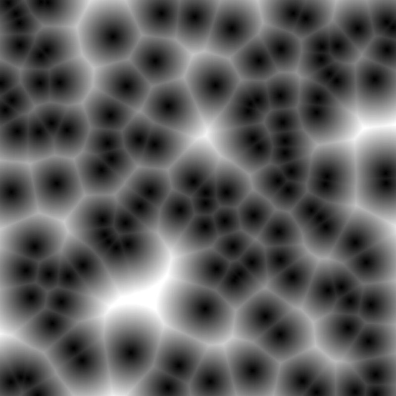 Worley noise: a grey pattern of irregular cells, dark at scattered feature points and brightening with distance from the nearest one.