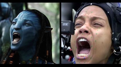 Actors in performance-capture suits with head-mounted cameras.