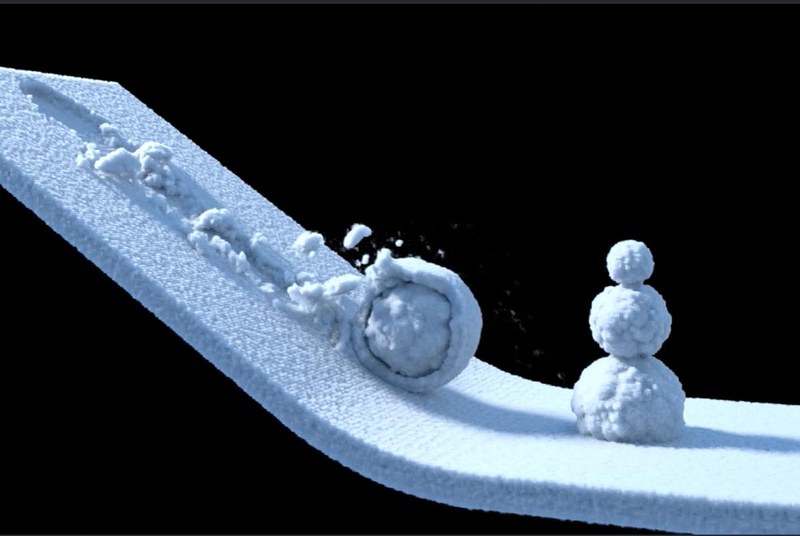 A rendered snowball rolling and breaking apart, from the snow-simulation paper.