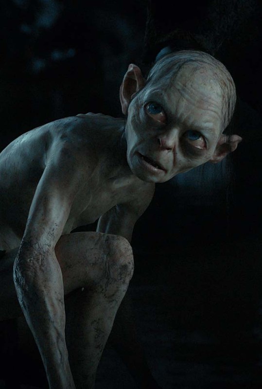 Gollum, a gaunt CG creature with large eyes.