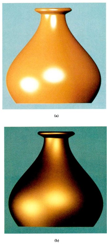 A figure from Cook and Torrance&rsquo;s 1982 paper: the same vase rendered in different metals and plastics.