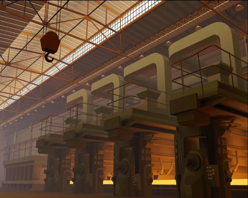 A steel-mill interior with gantry cranes and rolling stands, lit only by light from skylights reflected between surfaces.
