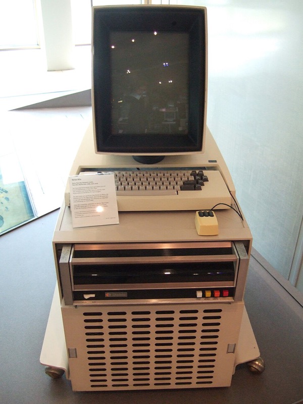 A Xerox Alto computer with its portrait-shaped bitmap display, keyboard and mouse.