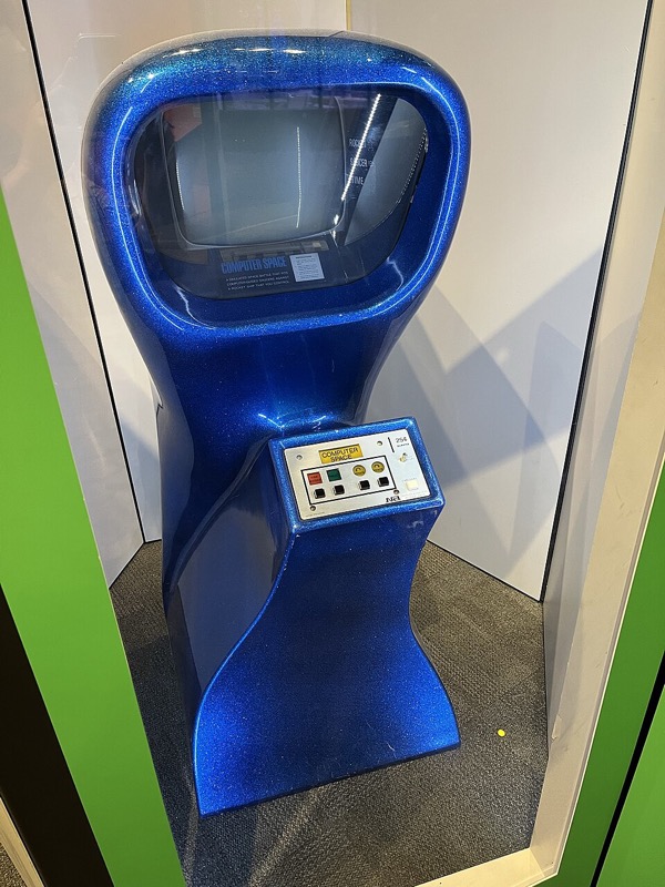 The fiberglass cabinet of the 1971 arcade game Computer Space on display.