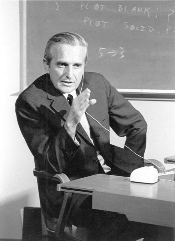 Douglas Engelbart at a console during the 1968 demonstration.