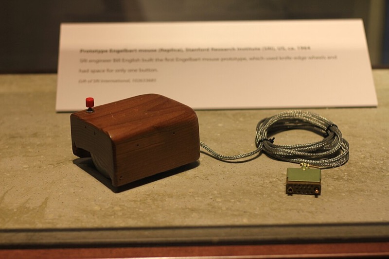 Engelbart&rsquo;s prototype mouse: a wooden box with one button and a cable.