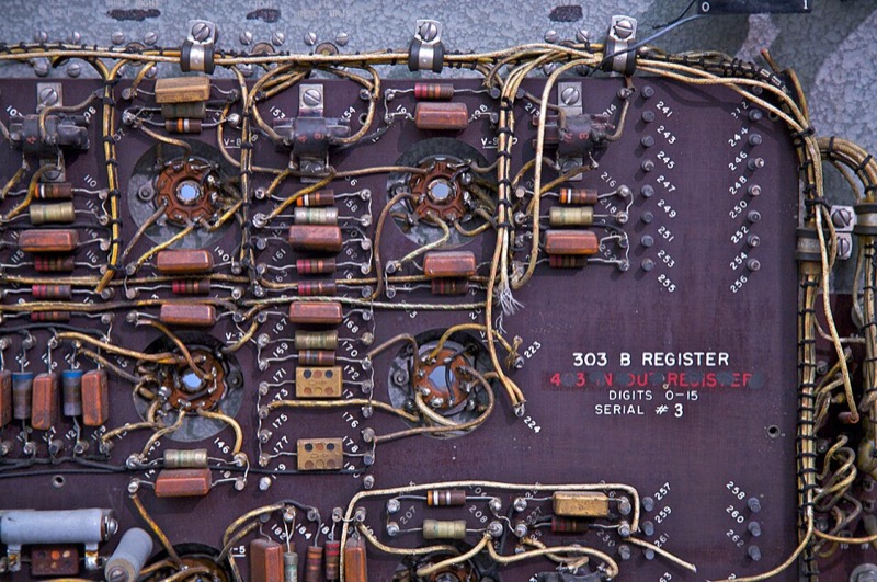 Racks and panels of the Whirlwind computer on display at the Computer History Museum.