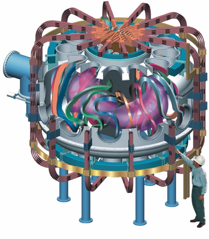 A rendered CAD model of a quasi-poloidal stellarator: twisted coils around a toroidal plasma vessel.