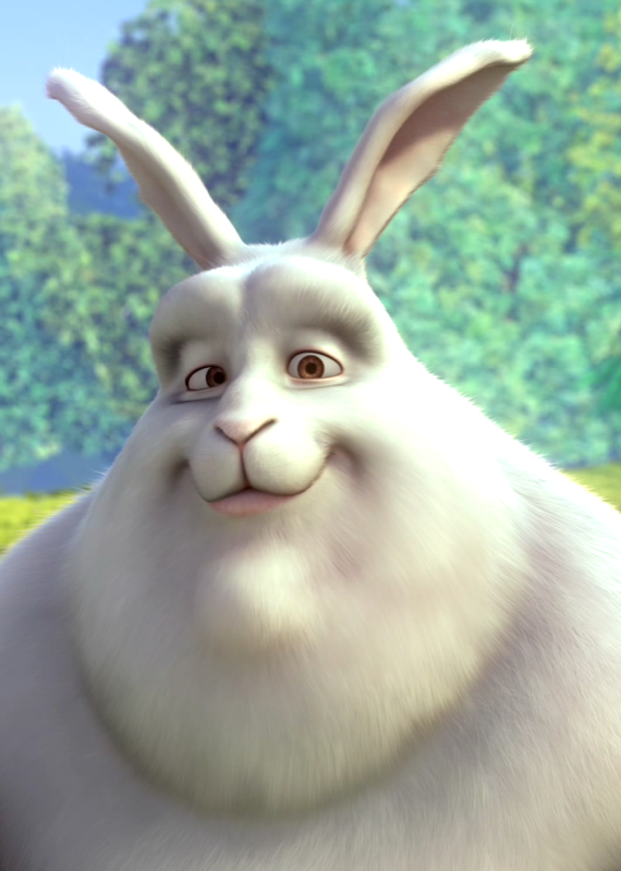 A frame from the open animated short Big Buck Bunny: a large rabbit in a sunlit forest clearing.
