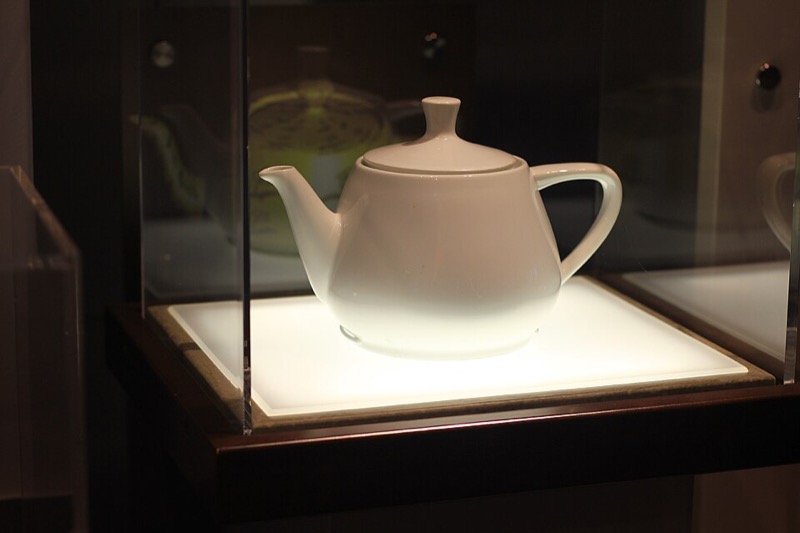 The original white Melitta teapot that Martin Newell digitized, displayed at the Computer History Museum.