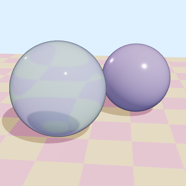 A course render of Whitted&rsquo;s scene: a glass sphere and a mirrored sphere over a red and yellow checkerboard.