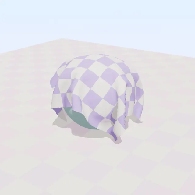 A pastel checkered cloth falling onto a sphere, draping over it and swaying in a breeze.