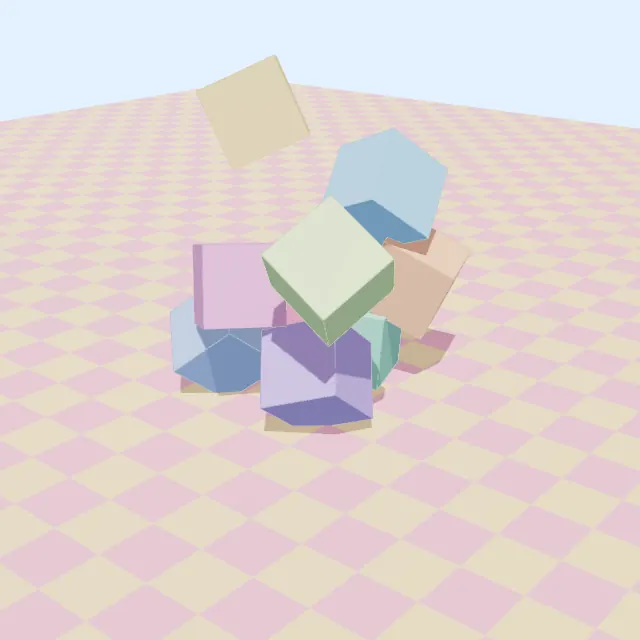 Nine pastel cubes falling onto a checkerboard, hitting the floor and each other, tumbling and settling into a pile.