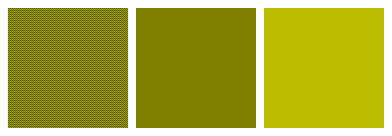 Three squares: a fine red and green checkerboard; a dark olive square; a bright yellow square.