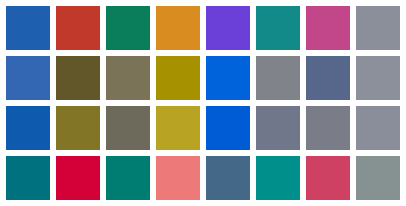 Four rows of eight colour swatches: the course palette as designed, then simulated for protanopia, deuteranopia and tritanopia; in the middle rows red, green and orange collapse toward the same olive, while blue and gray survive.