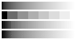 Four gray ramps: a smooth one; the same rounded to eight levels, showing eight flat bands; the eight levels with an ordered dither, a regular crosshatch texture whose average follows the ramp; and with error diffusion, an irregular texture that follows the ramp without visible pattern.