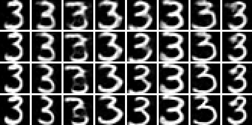 Four rows of eight 3s drawn by the network from the same eight starting noises with 3, 5, 10 and 30 sampling steps: the 3-step row is soft and sometimes malformed, the 5-step row cleaner, the 10- and 30-step rows crisp and nearly identical to each other.