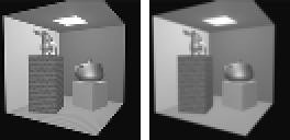 Two 64-pixel versions of the Cornell render side by side: the left, made by keeping every other pixel, has ragged edges and speckle on the brick texture; the right, made by blurring first, is smooth.