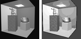 The Cornell render in gray beside its histogram-equalized version, in which the walls' shading is more pronounced and the black background has become a mid-dark gray.