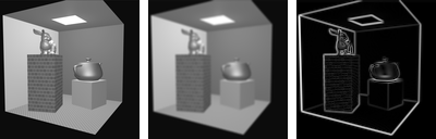 Three 128 by 128 panels: the course's Cornell render in gray, the same blurred, and its Sobel edge magnitude showing the box outline, the block, the bunny and the teapot as bright lines.