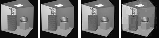 The Cornell render in gray four times: original, and after JPEG-style quantization at quality 90, 50 and 10; the last shows visible 8 by 8 blocks and ringing at the box edges.
