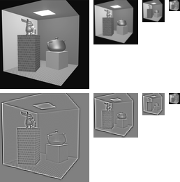 Top row: the Cornell render at 128, 64, 32 and 16 pixels. Bottom row: the three Laplacian levels, gray images with the edges of the scene as bright and dark lines at three scales, and the 16-pixel coarsest level at the end.