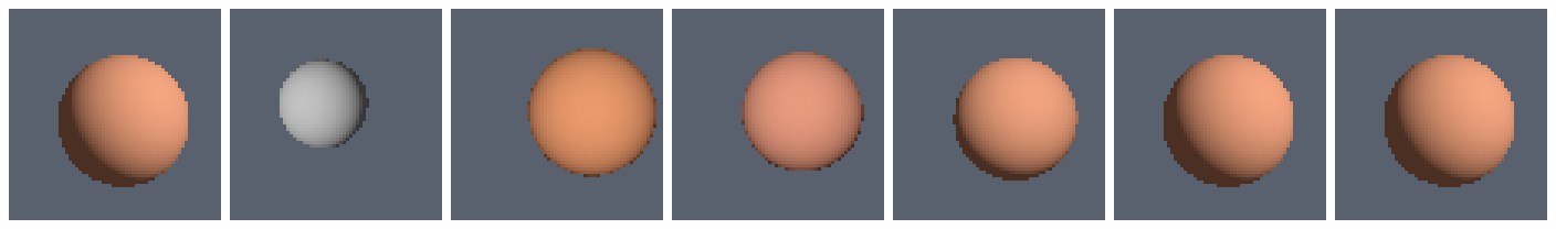 Seven small renders of a sphere: the orange target lit from the upper right, then the gray starting guess lit from the left, then increasingly orange spheres moving and resizing until the last matches the target.