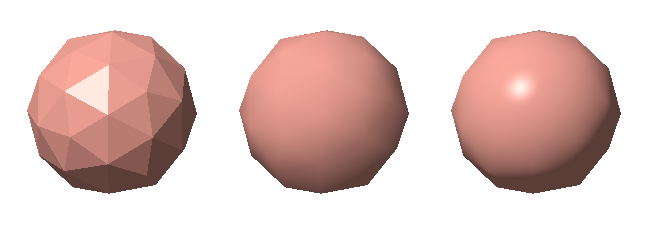 Three renderings of the same 80-face icosphere: flat shaded with every facet visible; Gouraud shaded, smooth but with no highlight; Phong shaded, smooth with a specular highlight.
