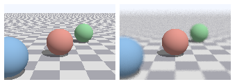 Two renderings of three colored spheres on a checkered floor: the pinhole image is sharp everywhere, with a moire pattern on the far floor; the thin-lens image has the middle sphere sharp and the near blue and far green spheres blurred, and the distant floor blurred smooth.