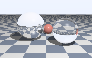 A rendered image: a mirror sphere reflecting a checkered floor and the sky, a glass sphere refracting and reflecting them, and a small red diffuse sphere between, all casting sharp shadows on the checkered floor under a blue sky gradient.