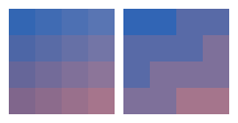 Two 4 by 4 blocks of colored squares magnified: the original, a smooth gradient from blue-purple to pink, and the BC1 reconstruction, the same gradient in four steps.