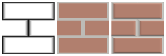 Three panels: the brick height field as a grayscale image with soft-edged white bricks on black mortar; the wall lit with bump scale 0, flat bricks with no relief; the wall lit with bump scale 1.2, each brick with a bright top-left edge and a dark bottom-right edge.
