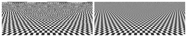 Two renderings of a checker tiled six times on a plane receding to the horizon: on the left, with one sample per pixel, the far checks dissolve into moire bands and noise; on the right, with sixteen averaged samples per pixel, the far checks blend to a uniform gray.