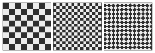 Three square renderings of the 8 by 8 checker on a quad: the identity placement shows eight checks per side; the default matrix shows sixteen; the offset-rotate-tile matrix shows the checks turned 45 degrees into diamonds, sixteen per side, shifted.